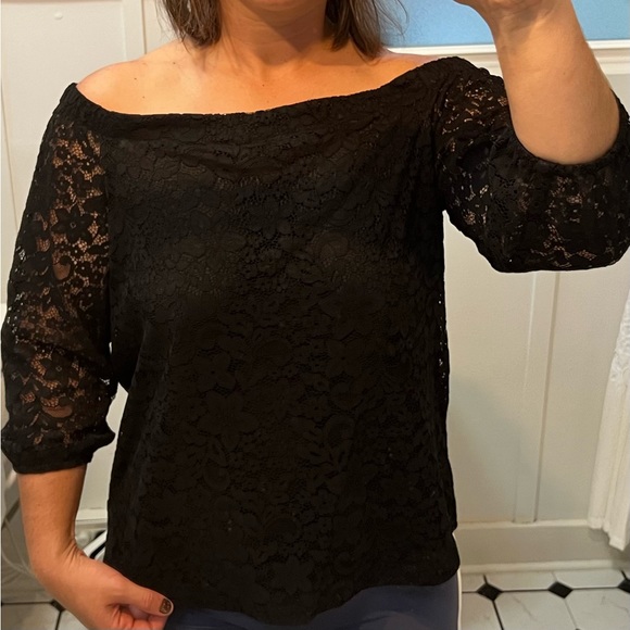Ann Taylor Black Lace Off Shoulder Blouse Size Large - Picture 3 of 5